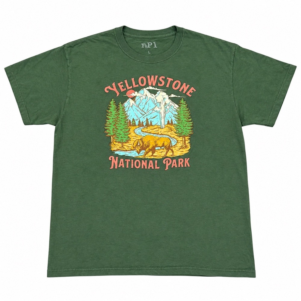 Yellowstone National Park Graphic T Shirt Green Bison Geyser Mens Large L Top1